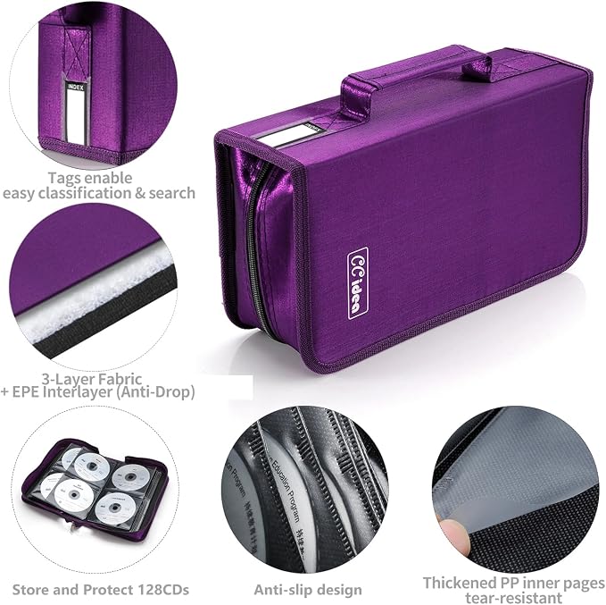 CCidea CD Case DVD Storage Holder, 128 Capacity DVD Cases Organizer CD Plastic Protective Carrying Binder,Portable Cd Wallet for Home Travel (Purple) - Image 7