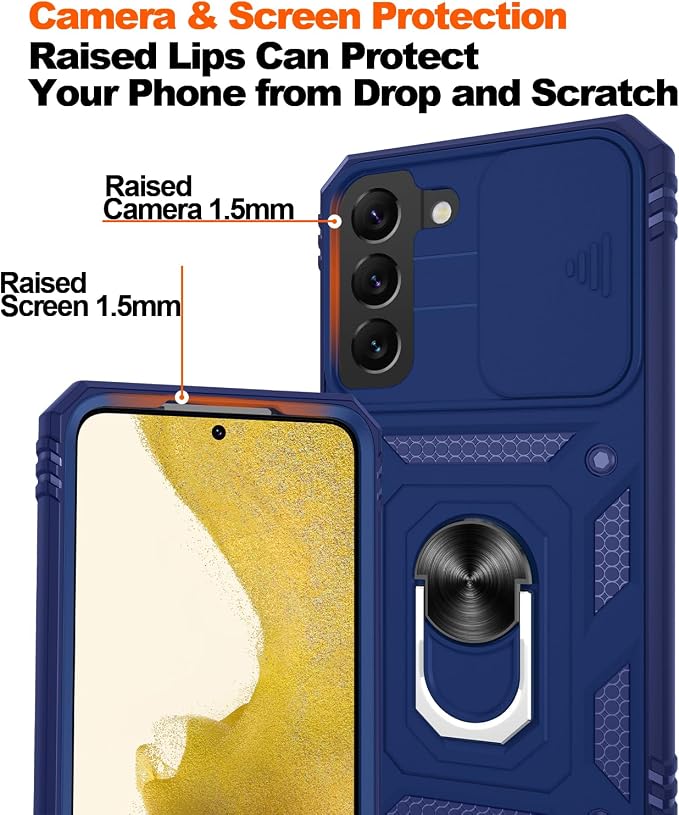 Gritup for Samsung Galaxy S22 Case with Slide Camera Cover & Screen Protector*2, 360 Rotating Ring Kickstand, Military Grade Protective Case for Galaxy S22 Phone, Blue - Image 5