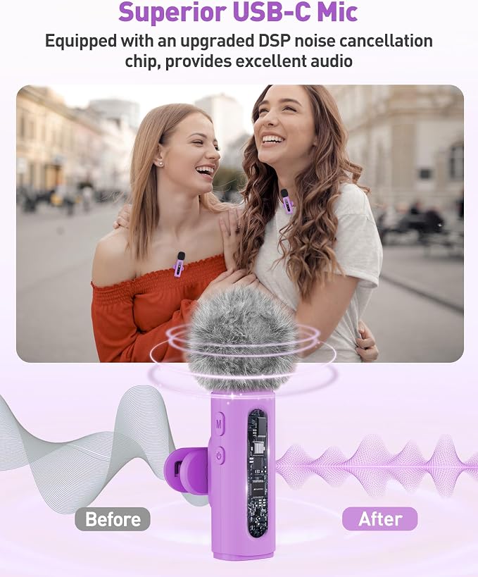 USB C Lavalier Microphone Wireless Mini Mic for Type-C Android Phone/Tablet/PC Video Recording Clip-on Mics with Rotatable Clip&Denoise Recording, Ideal for Vlog Tiktok Youtube Content Creator, Purple - Image 3