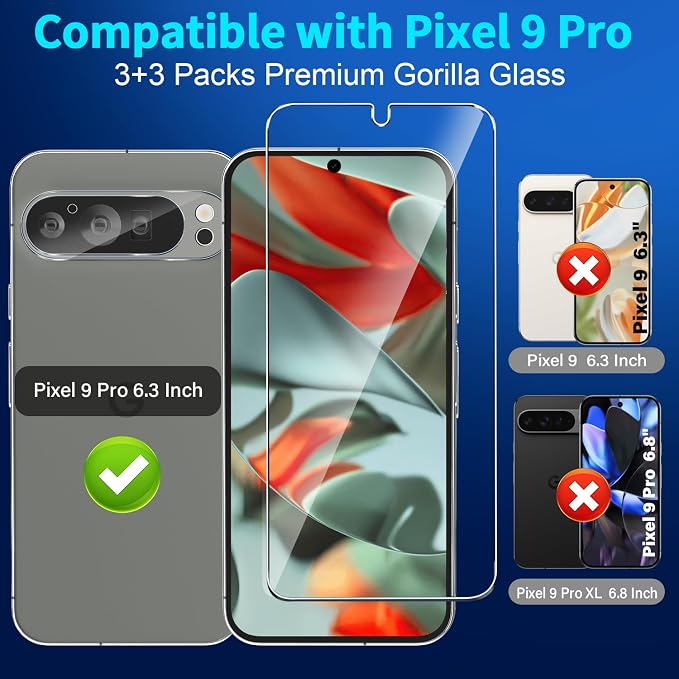 letosan 3 Pack for Google Pixel 9 Pro Screen Protector Tempered Glass + 3 Pack Camera Lens Protector, Military Grade Shatterproof, 9H Hardness, Fingerprint Unlock,Case Friendly 6.3 Inch - Image 2