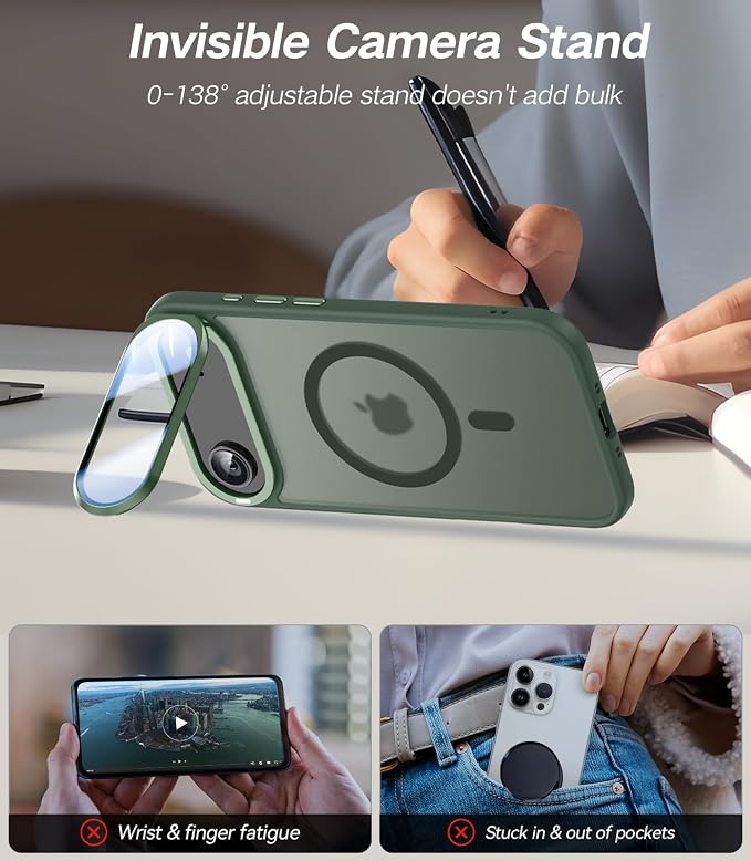 VOFATA [Upgraded Full Camera Protection] for iPhone Air Case with Camera Cover Stand [Fit for MagSafe][10FT Mil-Grade Protection] Translucent Magnetic Phone Cover for iPhone 17 Air Case, Green - Image 3