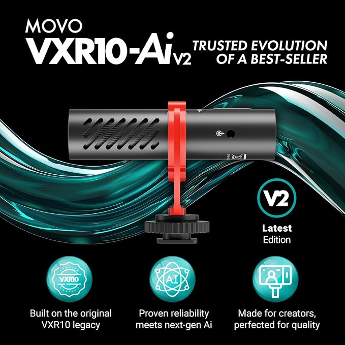 Movo VXR10-AI v2 Shotgun Microphone with AI Noise Cancellation - Camera Microphone for DSLR, Smartphone & Computer - Supercardioid On-Camera Mic with 3.5mm & USB-C Cables - Latest Version - Image 2