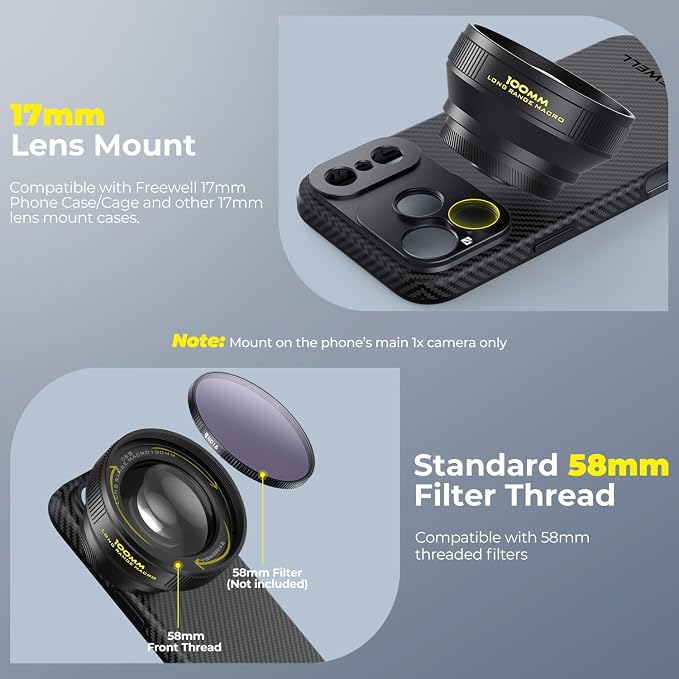 Freewell 100mm Long Macro Lens 17mm Mount iPhone, Samsung | Magnification, 60mm Focus Distance – Capture Detailed Close-Ups of Nature & Small Objects - Image 5