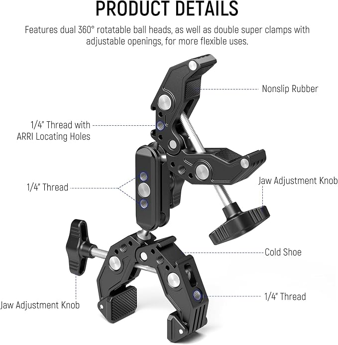 NEEWER Double Super Clamp with Magic Arm, Cleaning Cloth, Umbrella Camera Pole Clamp Mount for Desk Photo Studio Light Stand, Reflector, Scrim, Cross Bar, Motorcycle, Photography Accessories, UA036 - Image 2