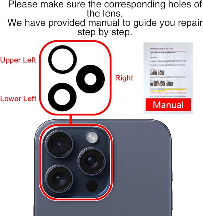 2 PCS for ASDAWN Back Rear Camera Lens Glass Replacement for iPhone 15 Pro 6.1 Inches with Pre-Installed Adhesive, ASDAWN Back Camera Lens Glass kit with Installation Manual + Repair Tool Set - Image 7