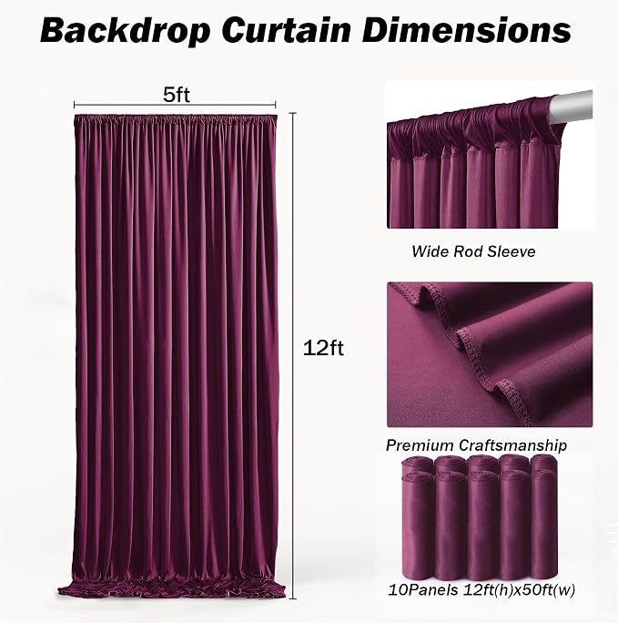 50x12 ft Burgundy Backdrop Curtains for Weddings, Birthdays and Photos | 10 Panels 5x12 ft, Wrinkle-Free Polyester Drapes, Washable, Ironable, 4 in Rod Pocket for Baby Showers Photography - Image 5