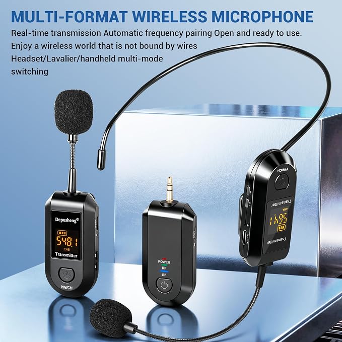 Depusheng 2.4G Wireless Microphone Headset,Lavalier and Handheld Mic 160ft Range,with 1/8''&1/4'' Plug for PA System,Voice Amplifier (1 Headset Microphone) - Image 4