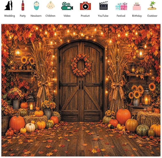 10x8ft Fall Thanksgiving Photo Backdrop Rustic Barn Wooden Door Backdrop | Autumn Brick Wall Maple Leaf String Light Photography Background Pumpkin Sunflower Haystack Harvest Party Decorations Banner - Image 2