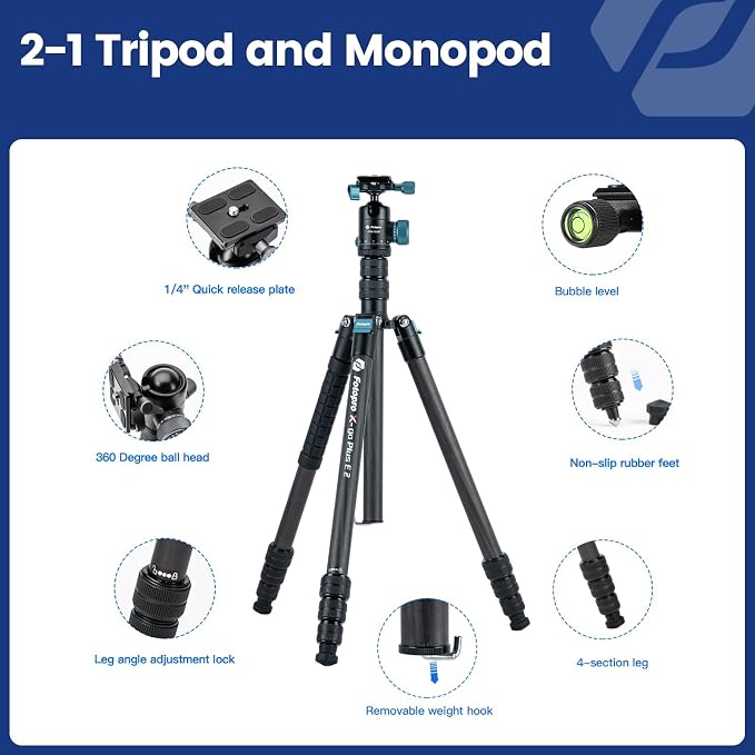 Fotopro 73"/185cm Carbon Fiber Travel Tripod for Camera, 360° Panorama Ball Head, Arca Quick Release Plate and Bag, Detachable Monopod for DSLR Camera Camcorder, Load up to 22lbs/10kg. X-Go Plus Blue - Image 7