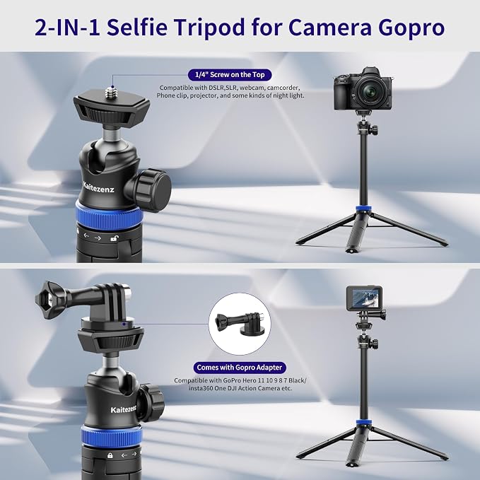 Kaitezenz Selfie Stick Tripod for Gopro Camera, 62" Extendable Tripod Stand with 360° Ball Head 1/4" Screw, Portable Lightweight Camera Tripod for Max Hero 13 12 11 10 DJI OSMO Pocket3 Action Camera - Image 7