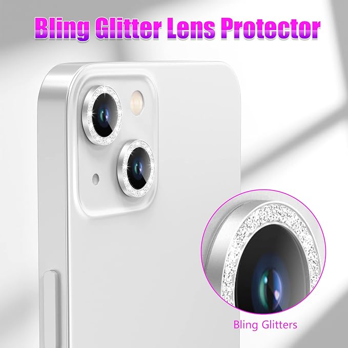 AGVEE 3+3 6 Pack for iPhone 13 & Mini Camera Lens Protector Cover | Individual Bling Diamond & Bling Glitter Sparkle Cute Gem Metal Ring, 9H Tempered HD Glass - Image 5