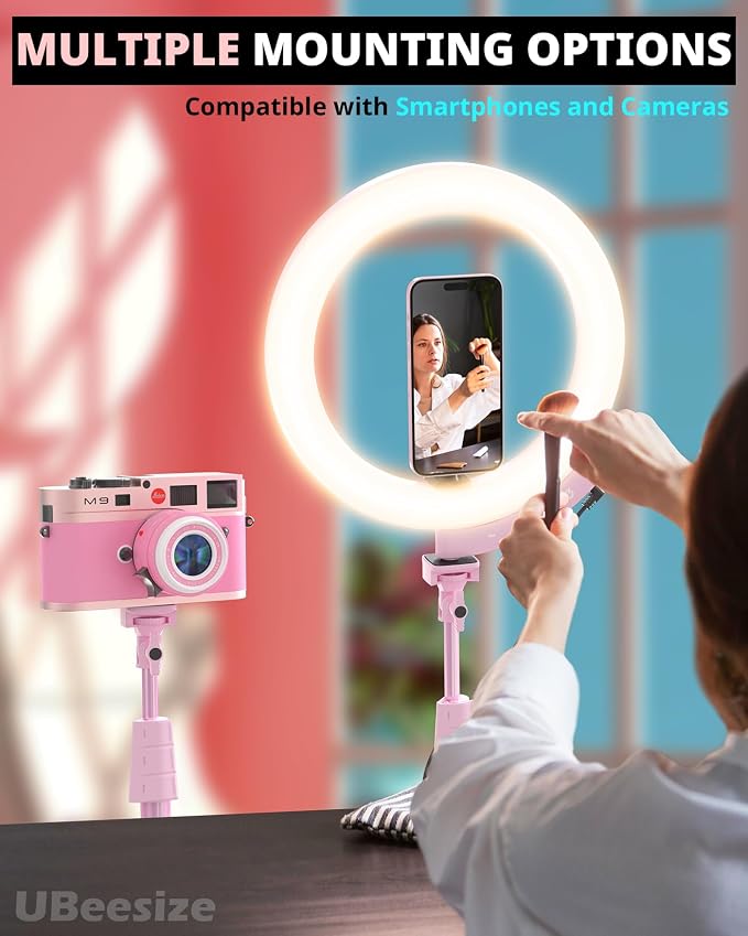 UBeesize 12'' LED Ring Light with 62'' Tripod Stand and Magnetic Phone Holder, Selfie Ring Light for Video Recording, Live Streaming, Compatible with iPhone & Android (Pink) - Image 7