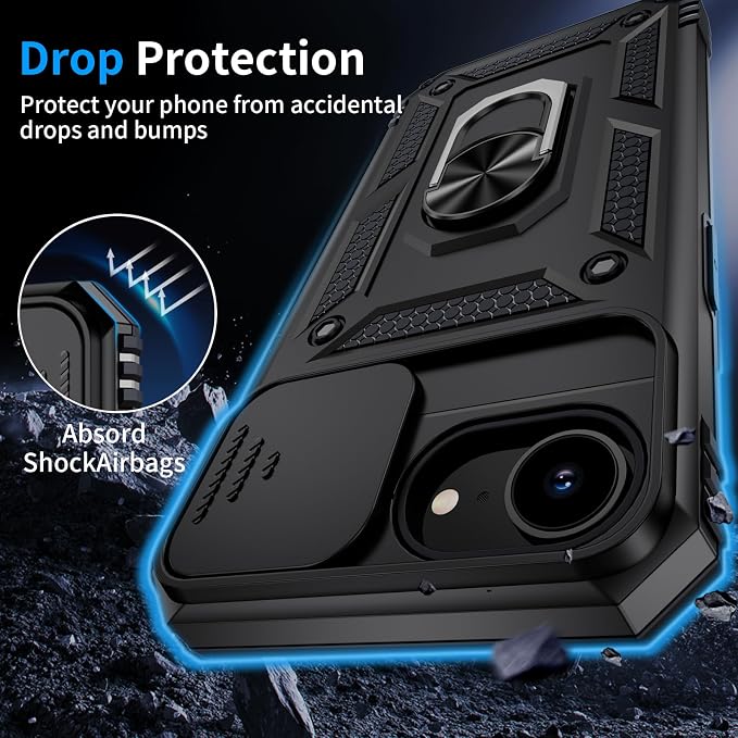 for iPhone 17e Case & iPhone 16e Case with 2X HD Screen Protector & Slide Camera Cover & Rotated Ring Kickstand, Rugged Heavy Duty Protective Phone Case for iPhone 17e/16e 6.1 inch, Black - Image 5