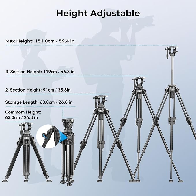 SmallRig AD-50Pro Heavy Duty Video Tripod, Carbon Fiber Lightweight Tripod with FreeSpeed One-Step Height Adjustment, Fluid Head, Dual-Mode QR Plate, Center Column, Weight 7lb, Load up 13.2lb - Image 5