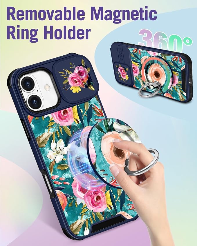 Buleens for iPhone 16 Case 6.1 Inch - with Ring Stand & Camera Cover Aesthetic Cute Designed for Women Girls Girly Pretty Unique Kawaii Flowers Phone Case for iPhone 16 Compatible with Magsafe - Image 5