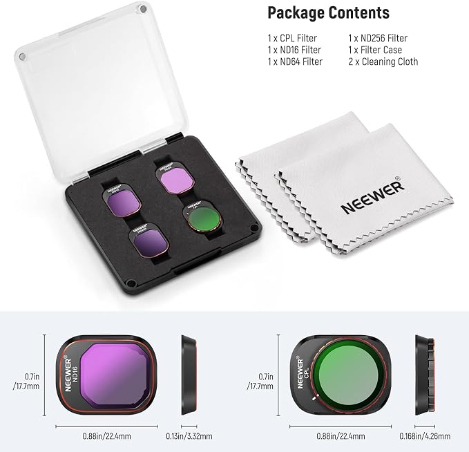 NEEWER ND CPL Filter Set Compatible with DJI Mini 4 Pro, 4 Pack Multicoated HD Optical Glass Screw On ND16 ND64 ND256 Circular Polarizing Neutral Density Filter Drone Accessories + 2X Cleaning Cloth - Image 9