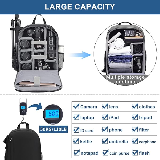 Cwatcun Camera Backpack Bag Water-resistant DSLR SLR for Canon/Nikon/Sony | Professional for SLR DSLR Mirrorless Camera Bag Case And Lens And1DSLR body+3-5 lenses+flash+tripod+14" iPad. - Image 4