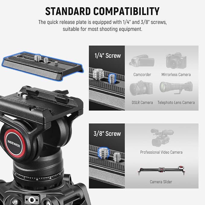 NEEWER 76" Video Camera Tripod with Fluid Head, One Step Quick Release Heavy Duty Aluminum Portable Tripod Stand with Cleaning Cloth, Dual Mode QR Plate for DSLR Camcorder, Max Load 17.6lb, LL27 - Image 6