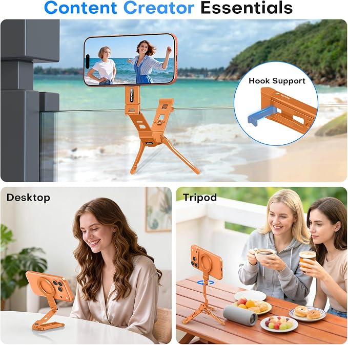 OMOTON TP03 [Ultra-Slim] 360° Rotating for MagSafe Tripod with Hook, Orange | Magnetic Phone Tripod for iPhone 17/16 Pro Max Air, Fold Cell Phone Stand with 1/4" Screw, Fits Vlog, Travel, Gym, Women Men - Image 3