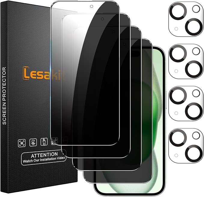 Lesakit 4+4 Pack Privacy Screen Protector for iPhone 15 6.1-Inch with 4 Pack Camera Lens Protector, Anti Spy Tempered Glass Film 9H Hardness Case Friendly by Lesakit