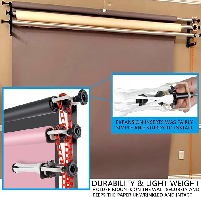 Photography Backdrop Wall Mount Roller System 4 Support Rollers | Manual Photo Background Ceiling Holder, Including 2 Four-fold Hooks, 8 Expand Bars, 4 Chains, for Home Studio Live Shooting - Image 3