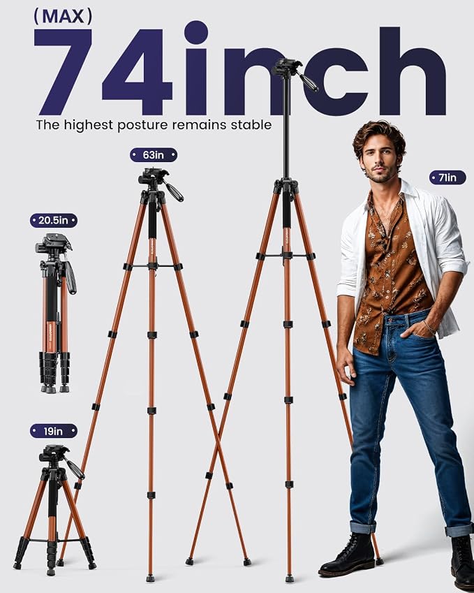 CAMBOFOTO 74″ Camera Tripod, 360° Aluminum Lightweight Tripod/Orange | Heavy‐Duty Professional Tripod Stand for DSLR & Mirrorless Cameras/Smartphones/GoPro, with 360° Pan Head/Phone Mount - Image 3