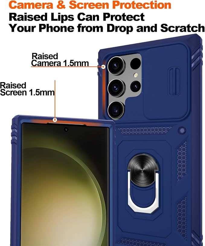 Gritup for Samsung Galaxy S23 Ultra Case with 2PCS Screen Protector, Build in 360° Rotating Ring Kickstand, Military Grade Protective Case for S23 Ultra Phone, Blue - Image 4