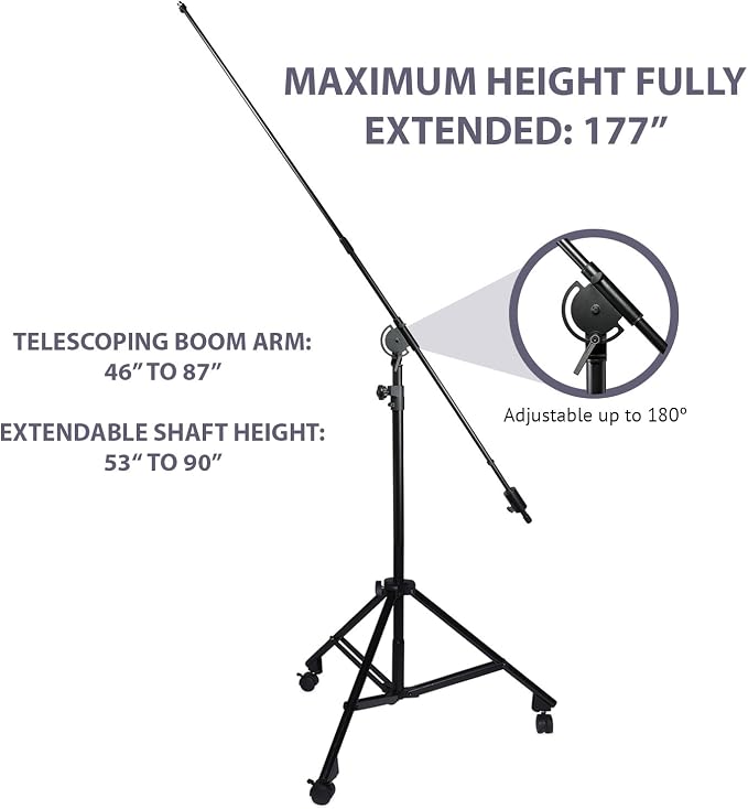 LyxPro Professional Microphone Stand Heavy Duty 90” Studio Overhead Boom Stand with Rolling Caster Wheels, 87” Extra Long Telescoping Arm Mount, Foldable Tripod Legs & Adjustable Counterweight - Image 2