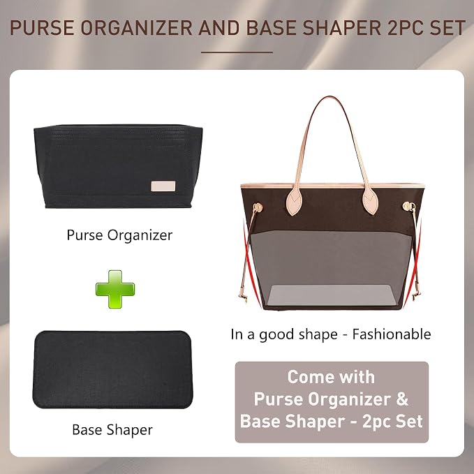 Doxo Purse Organizer Insert for Handbags & Base Shaper 2pc Set, Felt Neverfull MM Organizer Insert, Tote Bag Organizer with Zipper Pocket and Bottle Holder, Fit Speedy 30 Neverfull MM and More,Black-L - Image 3