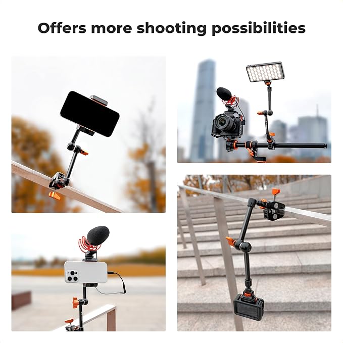 K&F CONCEPT 11" Magic Arm Clamp with Clamp ARRI 1/4" & 3/8" Thread Screw | 360° Ball Heads Arm with Clamp Mount for Monitor, LED Light, Webcam, Action Camera, MS33 - Image 7