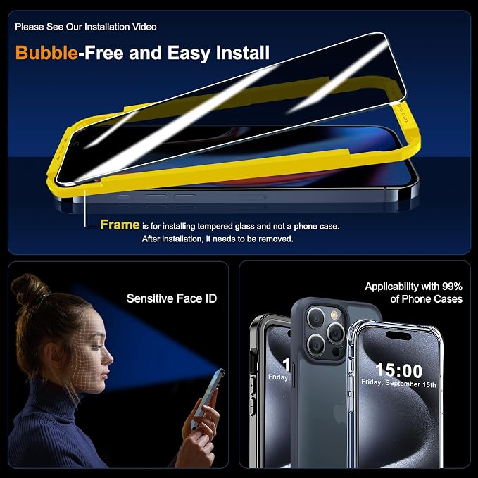 QHOHQ 3 Pack Privacy Screen Protector for iPhone 15 Pro Max [6.7 Inch] with 3 Pack Camera Lens Protector, Anti Spy Tempered Glass Film, 9H Hardness, HD, Bubble Free, Case Friendly - Black - Image 6