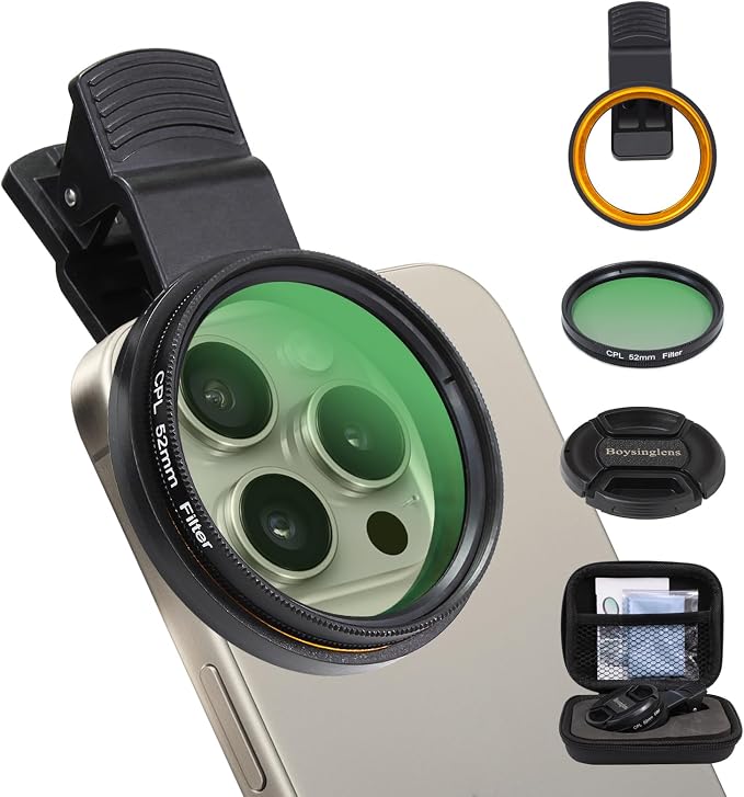 52MM CPL Filter - Clip-on Circular Polarizer Lens Filter, Ultra Slim Multi-Coated, Compatible with iPhone 15 14 13, Samsung, Google Pixel & Other Smart Phones by Boysinglens