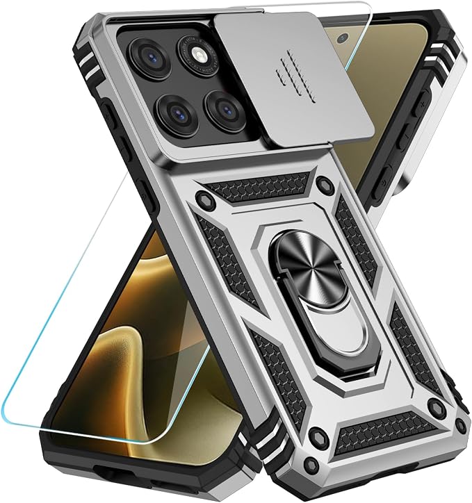 SunStory Compatible with Motorola Moto Edge 2026 Case with HD Screen Protector & Slide Camera Cover & Rotated Ring Kickstand, [Military-Grade] Phone Case for Moto Edge 2026,Silver by SunStory