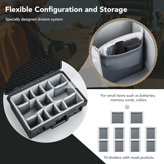 Lykus PVC2 Hard Case with Dividers for Cameras,Lenses,DJI Mavic/Air/Mini | For Photo Cameras,Drones,Portable Cameras and Their Mixes,10 Removable Dividers,Mesh Pockets,IP67 Waterproof,Shockproof - Image 4