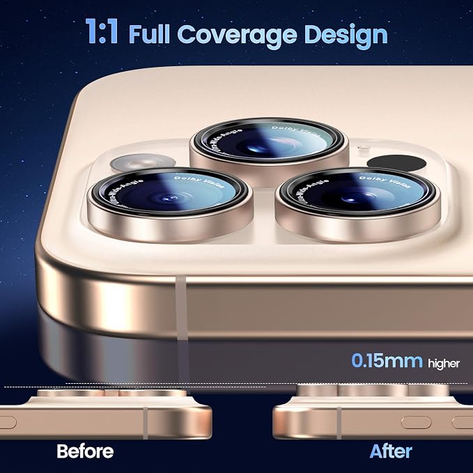 CACOE Camera Lens Protector for iPhone 14/15/16/17 Pro/Pro Max Cover | Anti-Scratch, Drop-Proof, Strong Adhesion, Camera Screen Cover, for iPhone 14-17 Pro/Pro Max, Desert Gold - Image 3