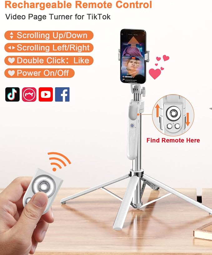 Yeaki 71” Auto Face Tracking Tripod for iPhone with Light,360° Rotating Phone Stand with Rechargeable Remote Control for TikTok Vlog, Phone Tripod for Android Camera/GoPro/Ring Light (White) - Image 3