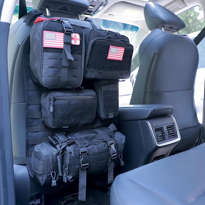 Universal Tactical Car Seat Back Organizer Bag Tactical Molle Vehicle Organizers Panel Vehicle Protector Organizers with 5 Detachable Pouches for Car Truck Ford Jeep (Upgraded D model Black) - Image 5