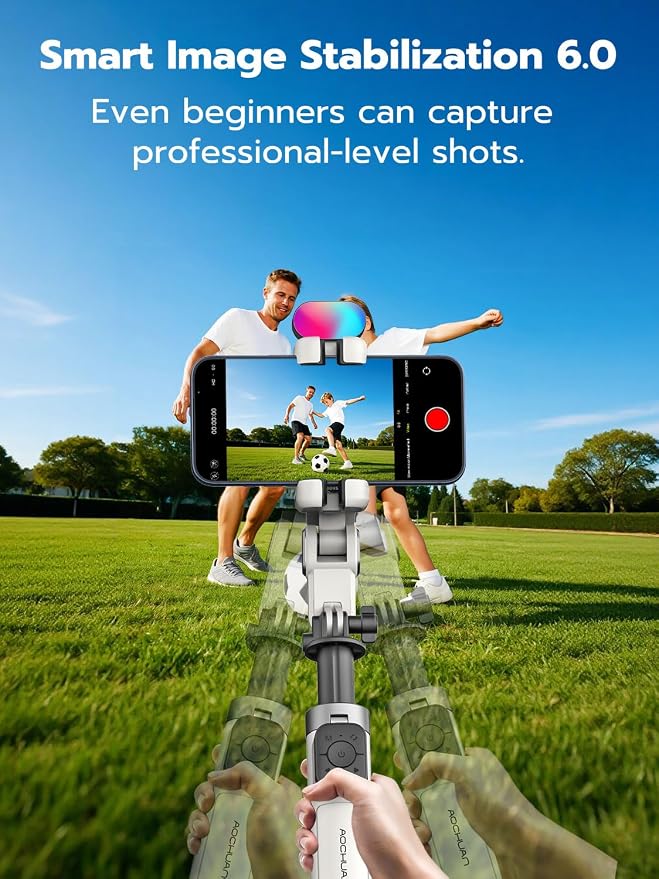 AOCHUAN 360° Rotation Gimbal Stabilizer for iPhone w/14.2" Extension Rod | Wireless Remote Face/Object Tracking Gimbal, 4 in 1 Phone Gimbal w/One-Touch Open Tripod for TikTok-M3 Promini White - Image 6