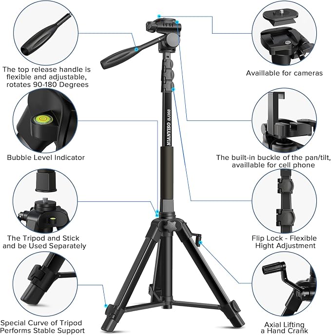 69" Camera Tripod Monopod with 3-Way Swivel Head, Aluminum Camera Stand | Camera Tripod with Quick Release Plate & Carry Bag, Fits Canon Nikon DSLR, GoPro, Video Cameras, Camcorders and Smartphones - Image 5