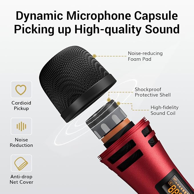 TONOR Wireless Microphones System, Handheld Microfono Inalambrico, Red | 4x10 Channels Cordless Mics, 60 m/200FT UHF Range with Stable Signal Transmission for Karaoke Singing Party Church Wedding - Image 4
