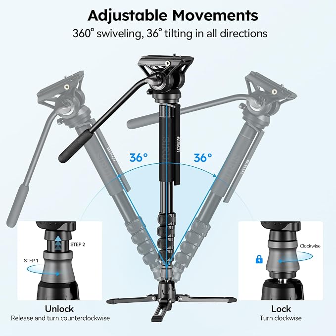 SIRUI AM-MDP02 Video Monopod with Feet, 74" Fluid Head, 8kg Load for DSLR | 74" Portable Video Monopod with Fluid Head, Stable Feet, Smooth Pan & Tilt, 8kg/17.6lb Load for DSLR Cameras and Camcorders - Image 2