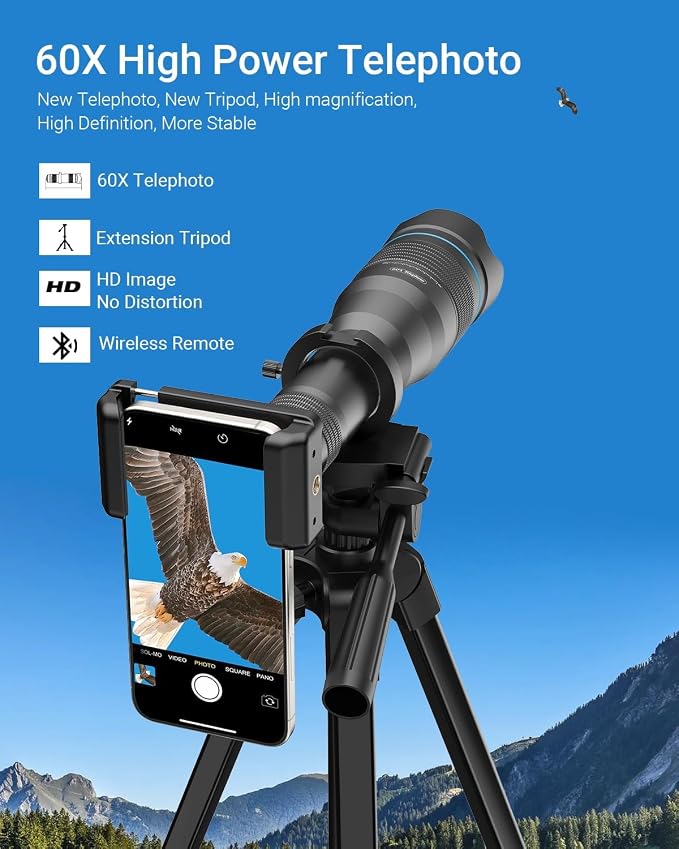 APEXEL High Power 60X HD Telephoto Lens, High Power Telephoto Mobile Cell Phone Lens with Extension Tripod and Wireless Remote for iPhone 15 Pro/14 Pro/13 Pro, Samsung and Most Smartphone - Image 2