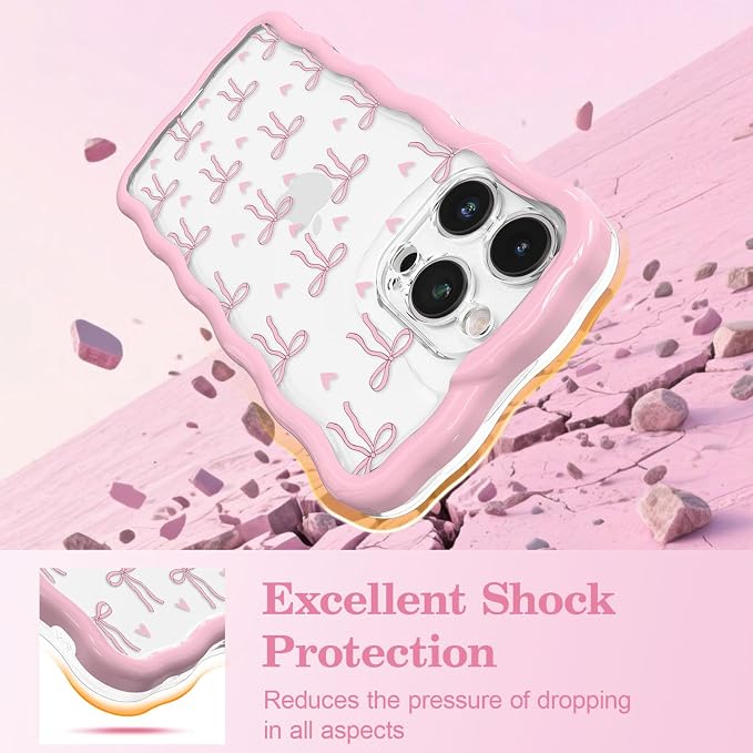 QLTYPRI for iPhone 14 Pro Max Pink Bow Case, Clear Cute Pink Ribbon Bow Phone Case Curly Wavy Aesthetic Phone Cover, Soft Slim Transparent TPU Shockproof Protective Cover for Women Girls - Love Bow - Image 4
