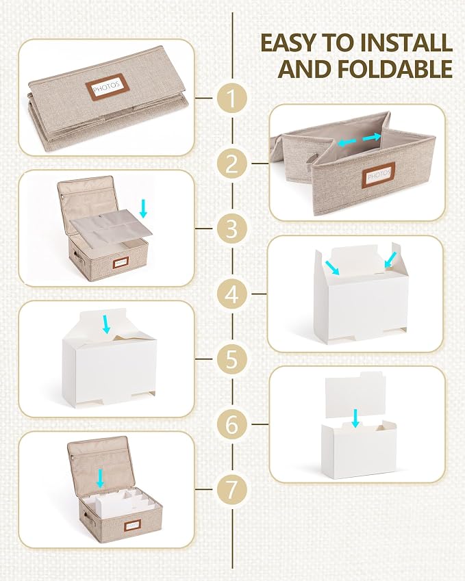 HULISEN Photo Storage Box, Photo Organizer for 2000 4x6 Pictures, Brown | Linen Keepsake Box with Zipper Lid, 8 Dividers, Label Cards Included, Mesh Pocket for Larger Prints, Family Memory Storage - Image 7