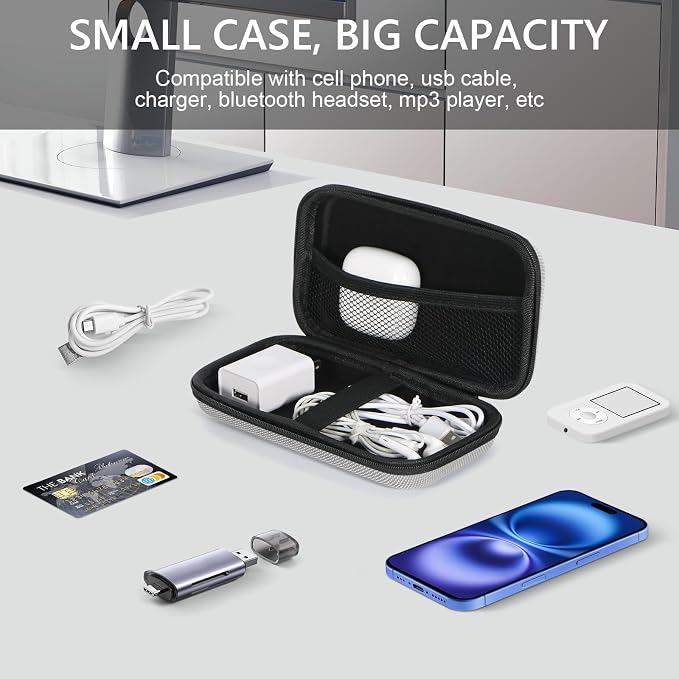 Small Tech Zipper Bag Organizer, Silver Shockproof EVA Carrying Case | Mesh Pocket, Universal Electronic Pouch for Cell Phone, Charger, Cord, Cable, Hard Travel Case, Portable - Image 2