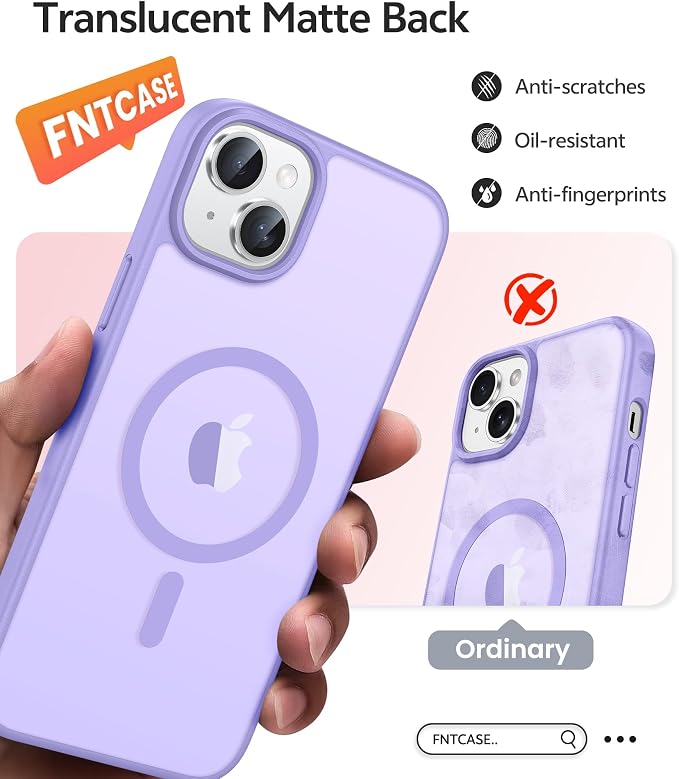 FNTCASE for iPhone 15/14 Plus Case, Fit for Magsafe, Screen Protector | Translucent Matte Magnetic Back, 14FT Military Grade Drop Protection, Shockproof Protective Phone Cover, Light Purple - Image 6