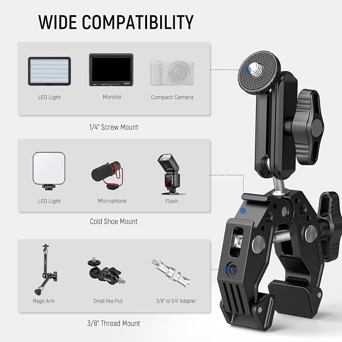 NEEWER Super Clamp with 3" Dual Ballhead Magic Arm, Cold Shoe, 1/4" Threads, Phone/Action Camera Mount Adapter for Desk Tripod Tube Crossbar Gimbal Rods Compatible with SmallRig GoPro DJI, ST83 - Image 6