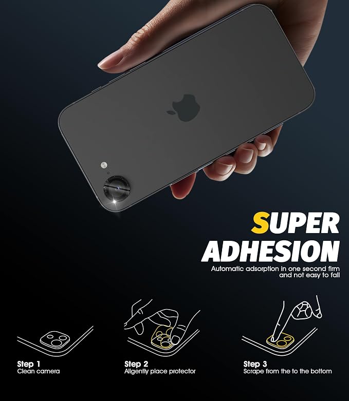 (3 Pack) Orzero Camera Lens Protector for iPhone 17e / iPhone 16e, [EZ Install] [Case-Friendly] 9H Tempered Glass Bling Lens Cover Accessories, Military-Grade Shockproof, HD Clarity Anti-Glare - Glitter Black - Image 8