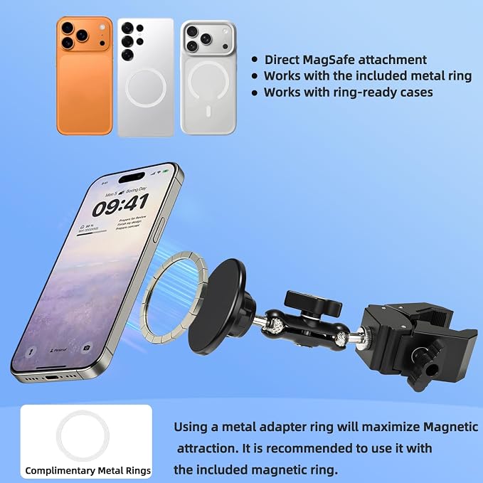 Magnetic Mic Stand Phone Holder Mount, 360° Angle Adjustment for Gym/Microphone Stand/Shopping Cart/Stroller/Handlebar,Compatible with iPhone 17/16/15/14/13/12 Series - Image 2