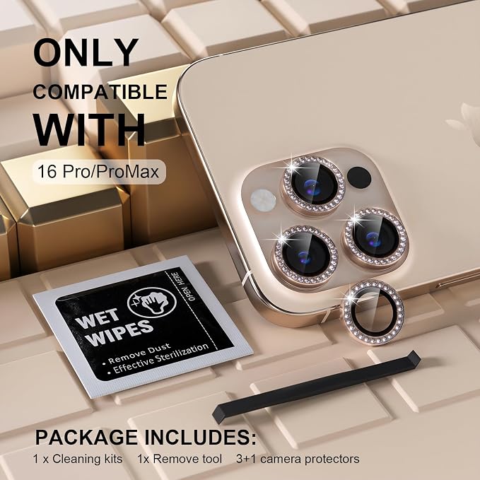 Misea Compatible for iPhone 16 Pro/iPhone 16 Pro Max Camera Lens Protector | 9H Tempered Glass Ultra HD Bling Camera Screen Protector Cover Metal Individual Ring Accessories, Desert Titanium Diamond - Image 2